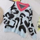 V-neck Color Block Zebra Print Knit Top Blue - One Size