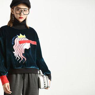 Turtleneck Printed Velvet Pullover Navy Blue - One Size