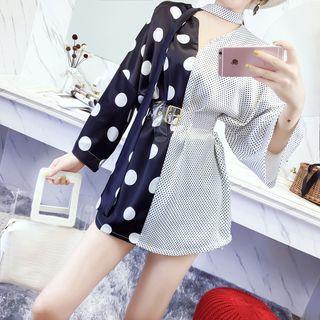 Dotted Panel 3/4-sleeve Shirt With Belt