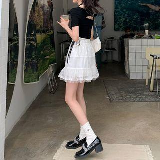 Lace Mini Skirt + Short-sleeve Cropped Top + Camisole Top