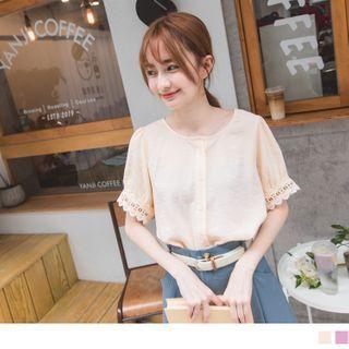 Crochet Trim Short-sleeve Button Top