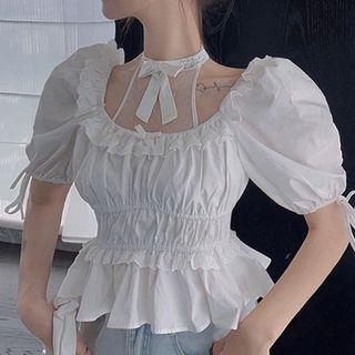 Puff-sleeve Gather Waist Cropped Blouse