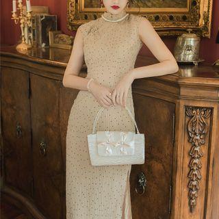 Sleeveless Dotted Midi Sheath Qipao Dress