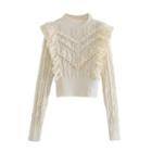 Long-sleeve Lace Trim Pointelle Knit Top