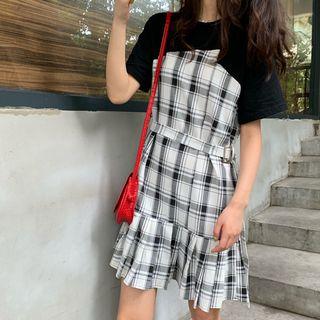 Short-sleeve Plaid Paneled A-line Dress As Shown In Figure - One Size