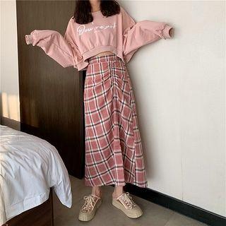 Crop Lettering Pullover / Midi Plaid A-line Skirt