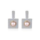 Sterling Silver Shiny Simple Geometric Square Pink Freshwater Pearl Earrings With Cubic Zirconia Silver - One Size