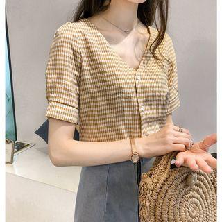 V-neck Plaid Short-sleeve Shirt