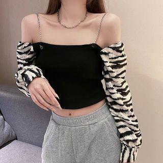 Long-sleeve Off-shoulder Cropped Panel Top As Shown In Figure - One Size
