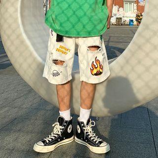 Printed Distressed Straight-cut Shorts