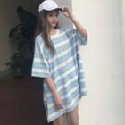 Striped Elbow-sleeve Loose-fit T-shirt
