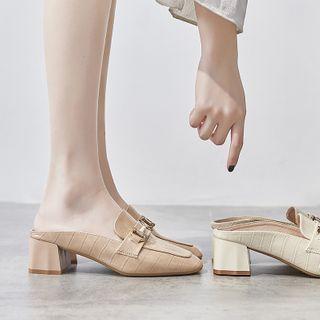 Square-toe Buckle Chunky Heel Mules