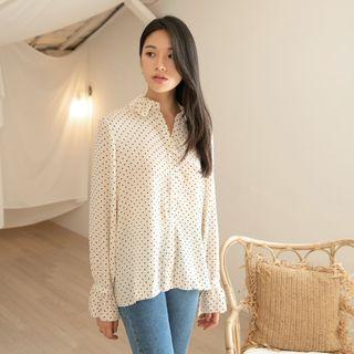 Frilled-detail Dotted Shirt Light Beige - One Size