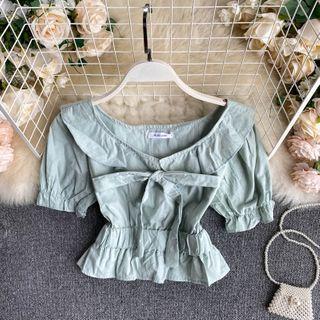 Plain Short-sleeve Bow Cropped Blouse