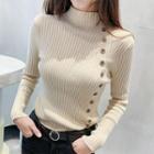 Long-sleeve Mock Neck Button Accent Knit Top