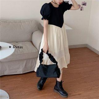 Puff-sleeve U-neck Loose-fit Midi Dress As Shown In Figure - One Size