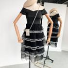 Mock Two Piece Cold Shoulder Tiered Dress Black - One Size