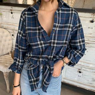 Round-hem Plaid Shirt Blue - One Size