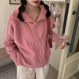 Long-sleeve Collar Zip Cable Knit Pullover
