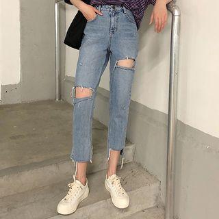 Distressed Straight-cut Cropped Jeans / Belt / Set