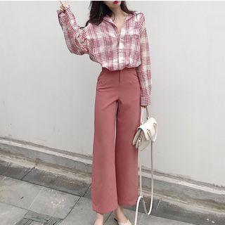 Plaid Shirt / High Waist Wide-leg Pants