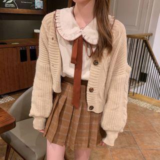 Ribbon Blouse / Plain Cardigan / Plaid Mini Skirt