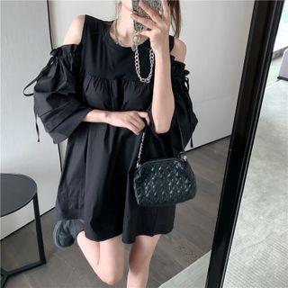 Elbow-sleeve Cold Shoulder Frill Trim Mini Dress