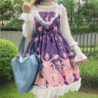 Printed Lace Trim Spaghetti Strap A-line Dress