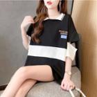 Two-tone Collared Cutout T-shirt