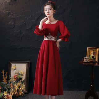 Elbow-sleeve Embroidered Evening Dress