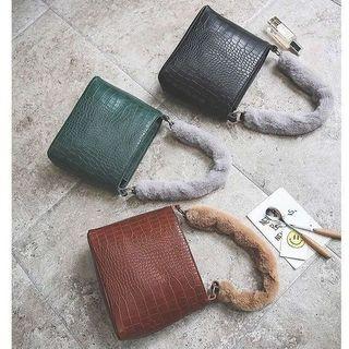 Furry-strap Croc Grain Satchel