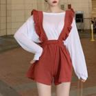 Long-sleeve Plain T-shirt / Sleeveless Ruffle Trim Playsuit