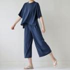 Set: Round-neck Plain T-shirt + Band-waist Wide-leg Cropped Pants