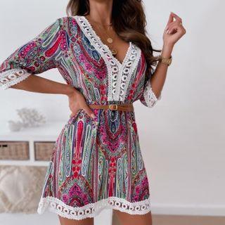 Elbow-sleeve Print Lace Panel Mini A-line Dress