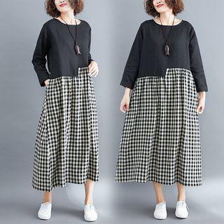 Long-sleeve Plaid Panel Midi A-line Dress