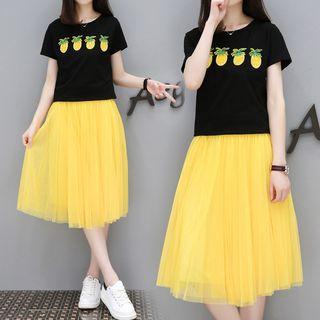 Set: Pineapple Sequined Short Sleeve T-shirt + Midi Tulle Skirt