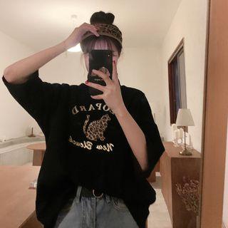 Mock-neck Leopard Print Elbow-sleeve T-shirt