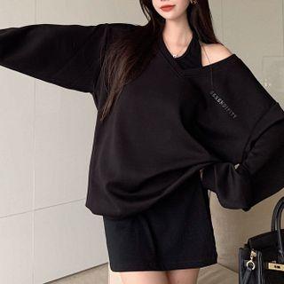 Halter-neck Mini Sheath Dress / Lettering Oversized Sweatshirt