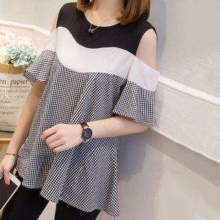 Elbow-sleeve Gingham Paneled Cold Shoulder Top