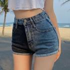 High-waist Color Block Rolled Denim Shorts