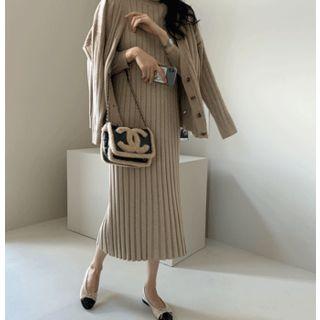 Set: V-neck Cardigan + Turtle-neck Rib-knit Dress Beige - One Size