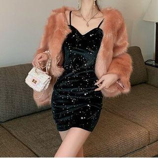 Spaghetti Strap Mini Glitter Velvet Dress