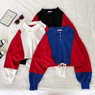Color Block Drawstring Collared Pullover