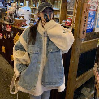 Fleece Panel Denim Jacket Blue & White - One Size