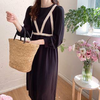 Bishop-sleeve Lace-trim Long Dress