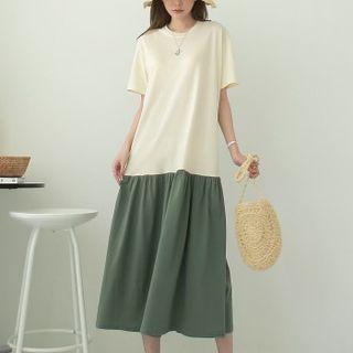 Two-tone Shirred Long Dress