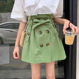 Tie-waist Double-breasted A-line Mini Skirt