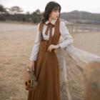 Set: Tie Neck Shirt + Vest + Midi A-line Skirt