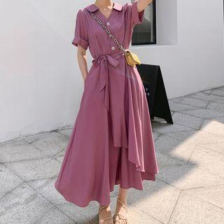Short-sleeve Collared Asymmetrical Midi A-line Dress