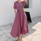 Short-sleeve Collared Asymmetrical Midi A-line Dress